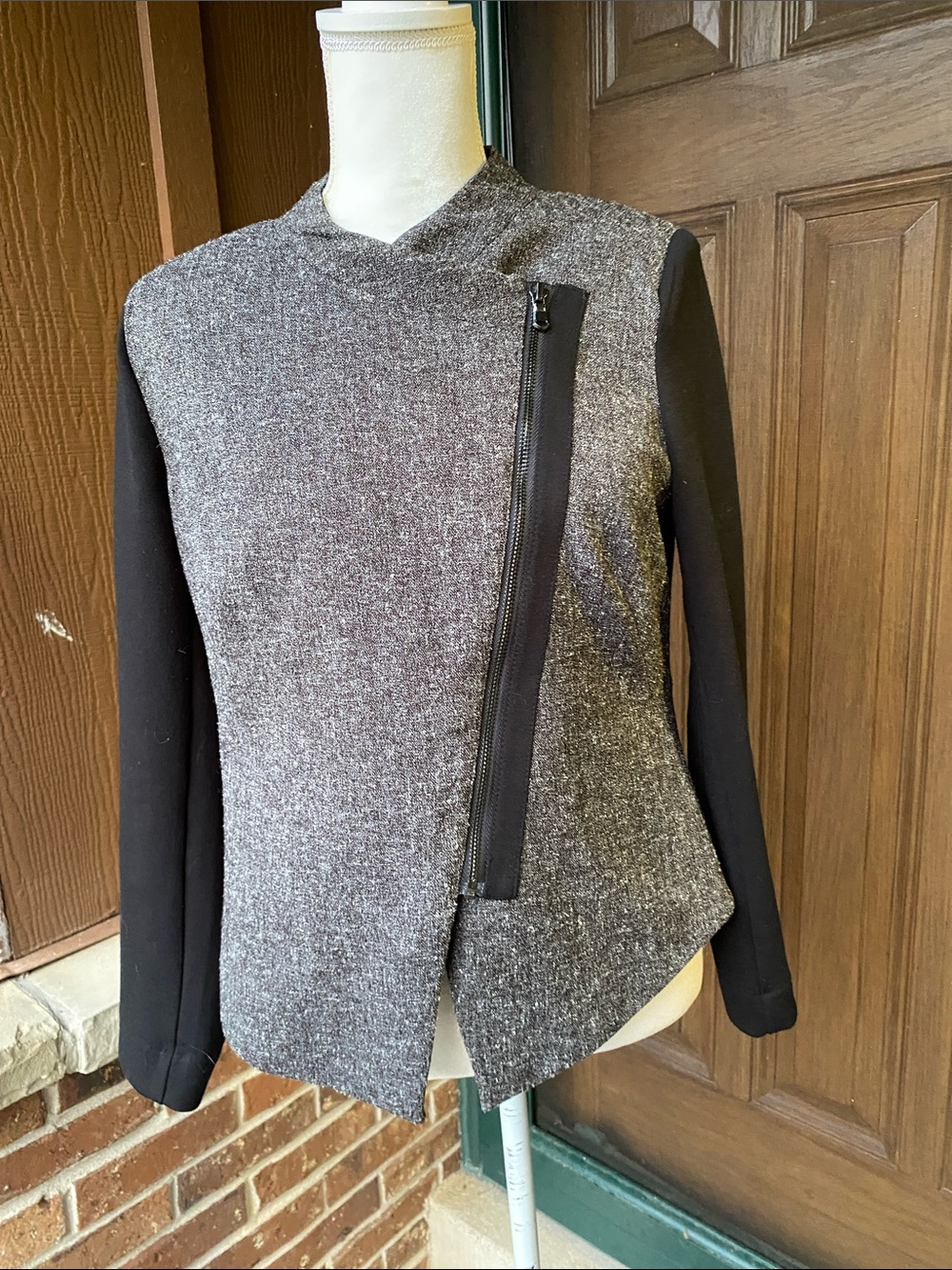 Worthington Gray Jacket with Black Sleeves and Asymmetrical Zip